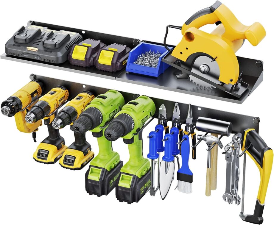 FITKIT 4 Floating Power Tool Holder and Drill Storage Rack with Organizer Utility Shelves, Set of 2 Heavy Duty Steel Wall Mount Garage Organization and Storage for Batteries, Tools, Accessories