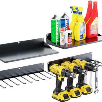 FITKIT 4 Floating Power Tool Holder and Drill Storage Rack with Organizer Utility Shelves, Set of 2 Heavy Duty Steel Wall Mount Garage Organization and Storage for Batteries, Tools, Accessories