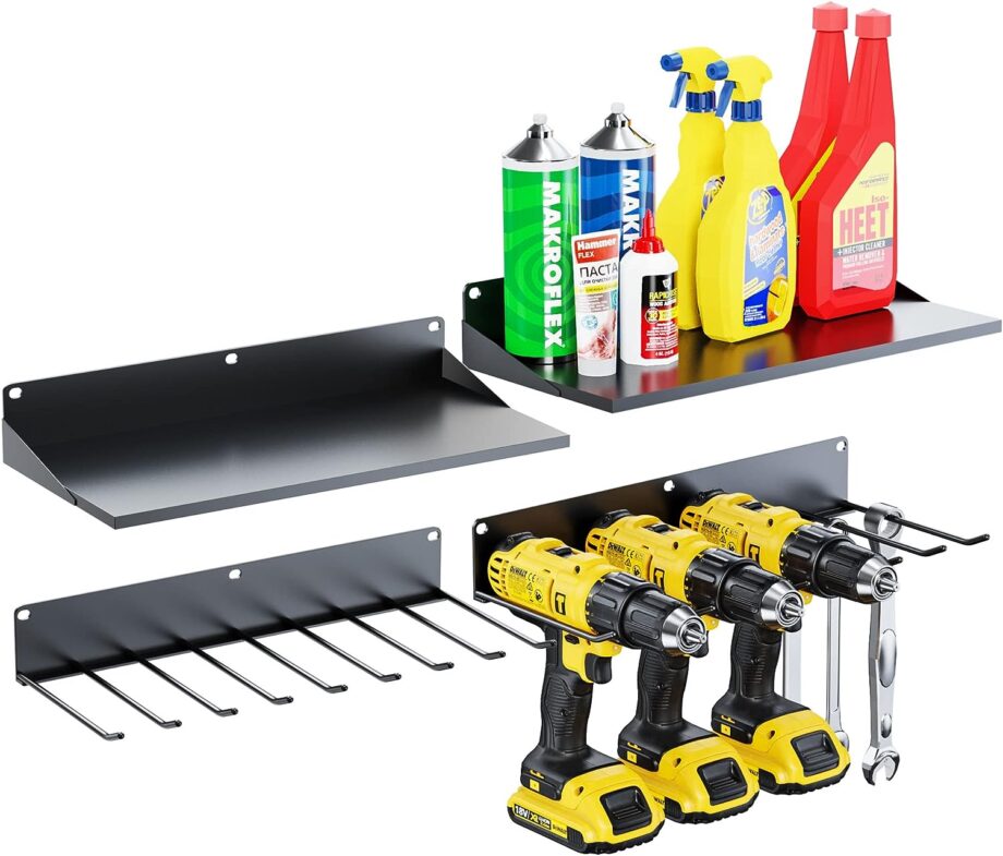 FITKIT 4 Floating Power Tool Holder and Drill Storage Rack with Organizer Utility Shelves, Set of 2 Heavy Duty Steel Wall Mount Garage Organization and Storage for Batteries, Tools, Accessories
