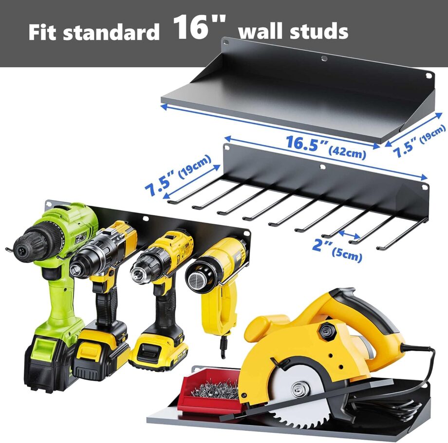 FITKIT 4 Floating Power Tool Holder and Drill Storage Rack with Organizer Utility Shelves, Set of 2 Heavy Duty Steel Wall Mount Garage Organization and Storage for Batteries, Tools, Accessories