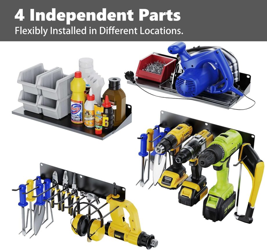 FITKIT 4 Floating Power Tool Holder and Drill Storage Rack with Organizer Utility Shelves, Set of 2 Heavy Duty Steel Wall Mount Garage Organization and Storage for Batteries, Tools, Accessories